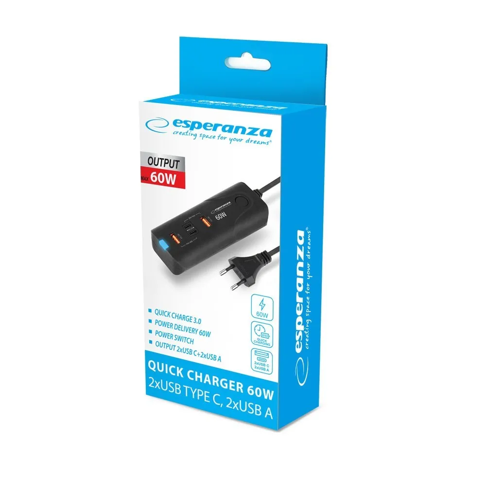 ESPERANZA ŁADOWARKA SIECIOWA 60W USB-C/USB-A EZC10 thumbnail 3
