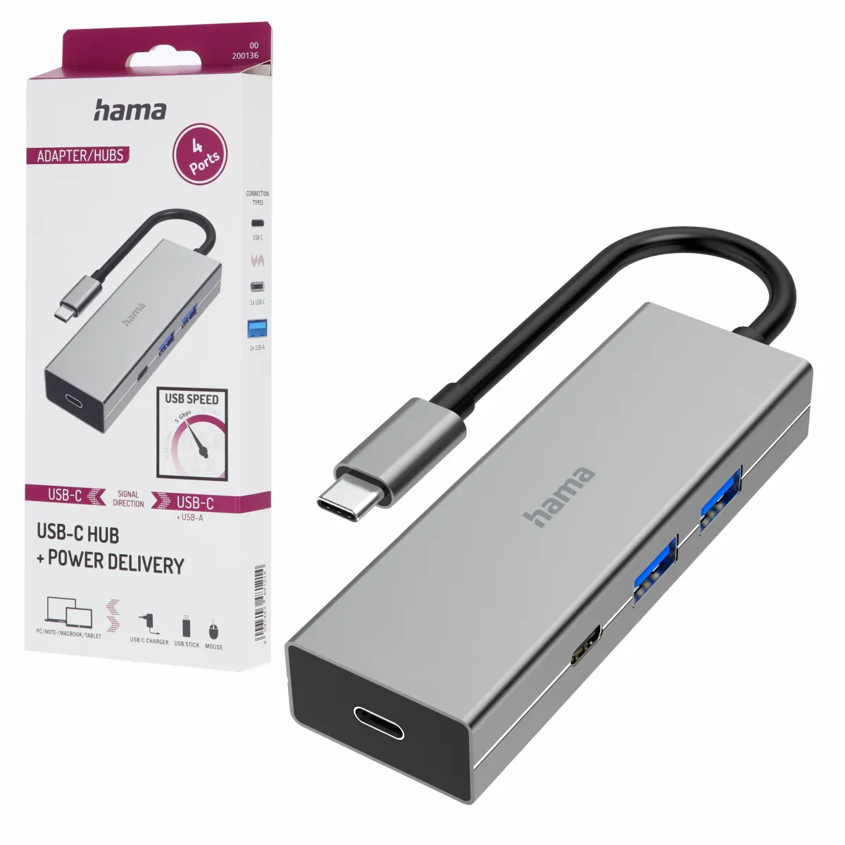 Hama adapter HUB USB-C 4 PORTY 2X USB-A, 2X USB-C USB 3.2 GEN1 5Gbit/s - 1