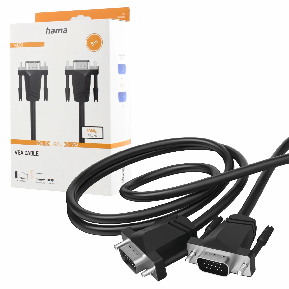 HAMA KABEL PRZEWÓD VGA D-SUB DO MONITORA 3M FULL HD FHD 1080p 1920 x 1080 - 1