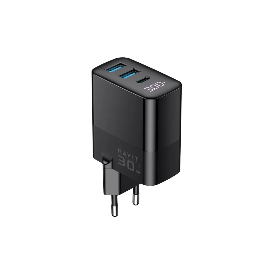 Havit UCLE001 EU - trójportowa ładowarka GaN 30 W, czarna thumbnail 1
