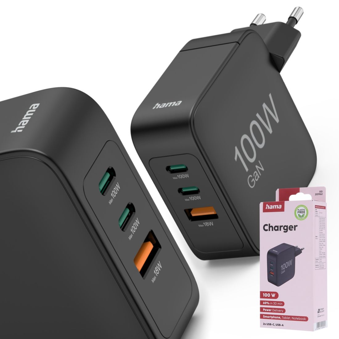 Hama szybka ładowarka sieciowa 100W uniwersalna 2x USB C USB A PD QC kostka