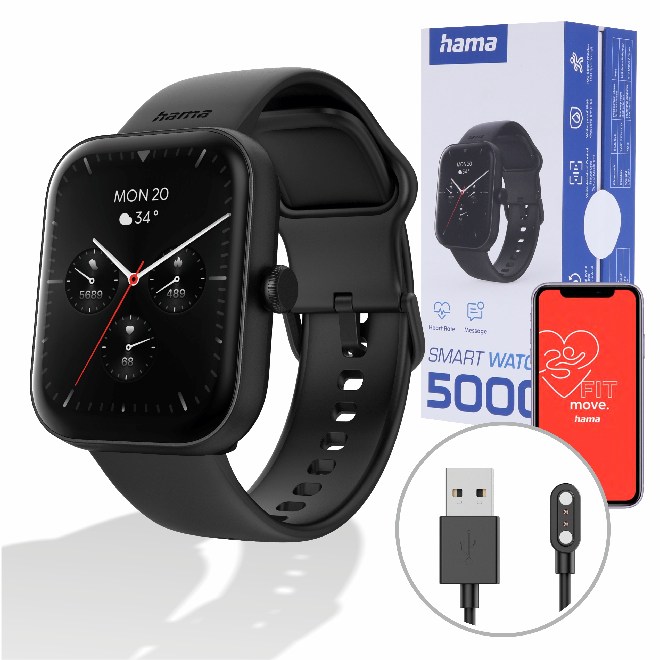 Hama Fit Watch 5000 Smartwatch Zegarek Sportowy Prostokątny Czarny