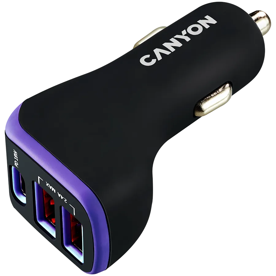 CANYON Ładowarka samochodowa C-08 PD 18W USB-C 2USB-A Czarno - Fioletowa thumbnail 2