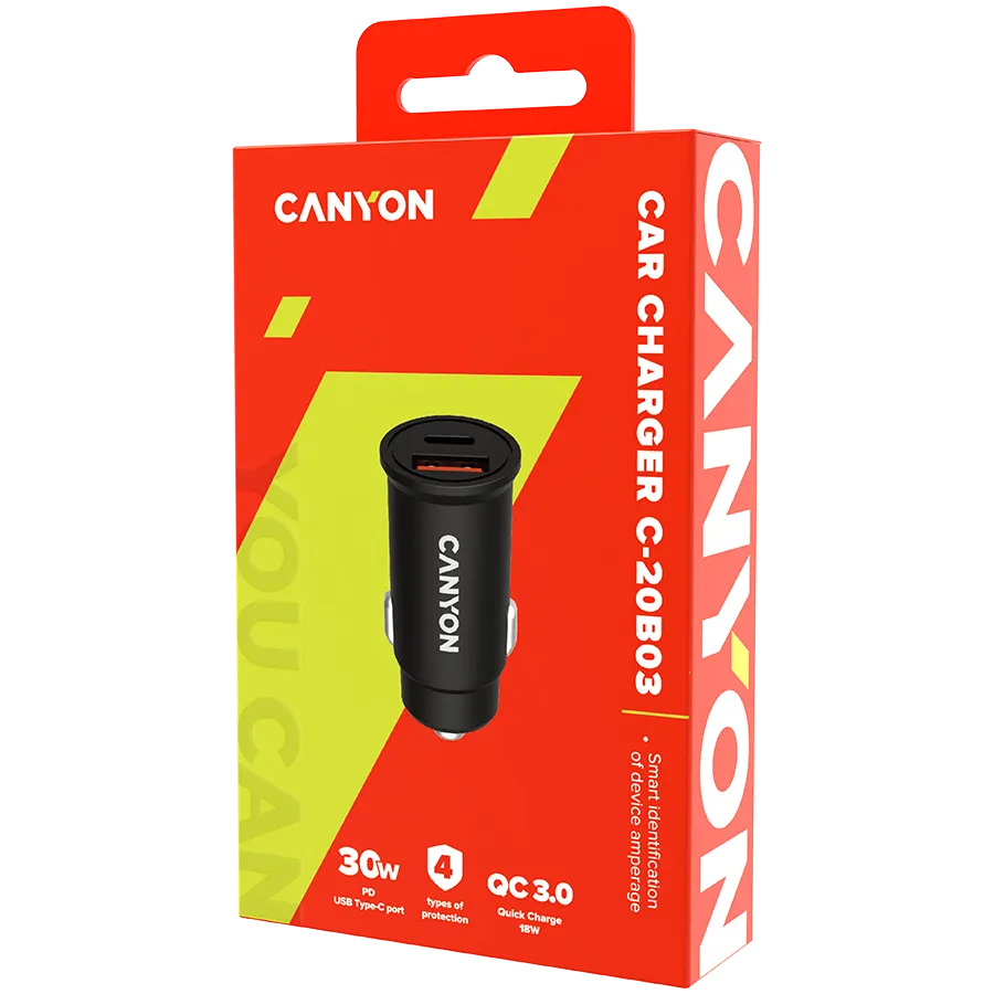 CANYON Ładowarka samoch. C-20-03 PD30W QC3.0 USB-C USB-A Czarna thumbnail 3