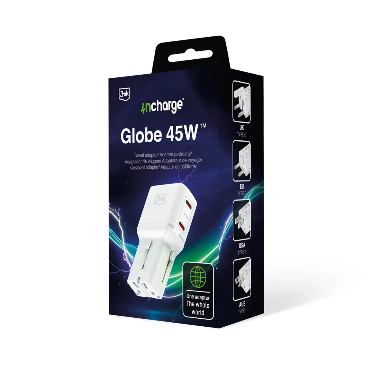 3mk incharge® Globe 45W™ 2C PD QC4+ PPS SCP AFC  US/EU/AUS/UK White thumbnail 2