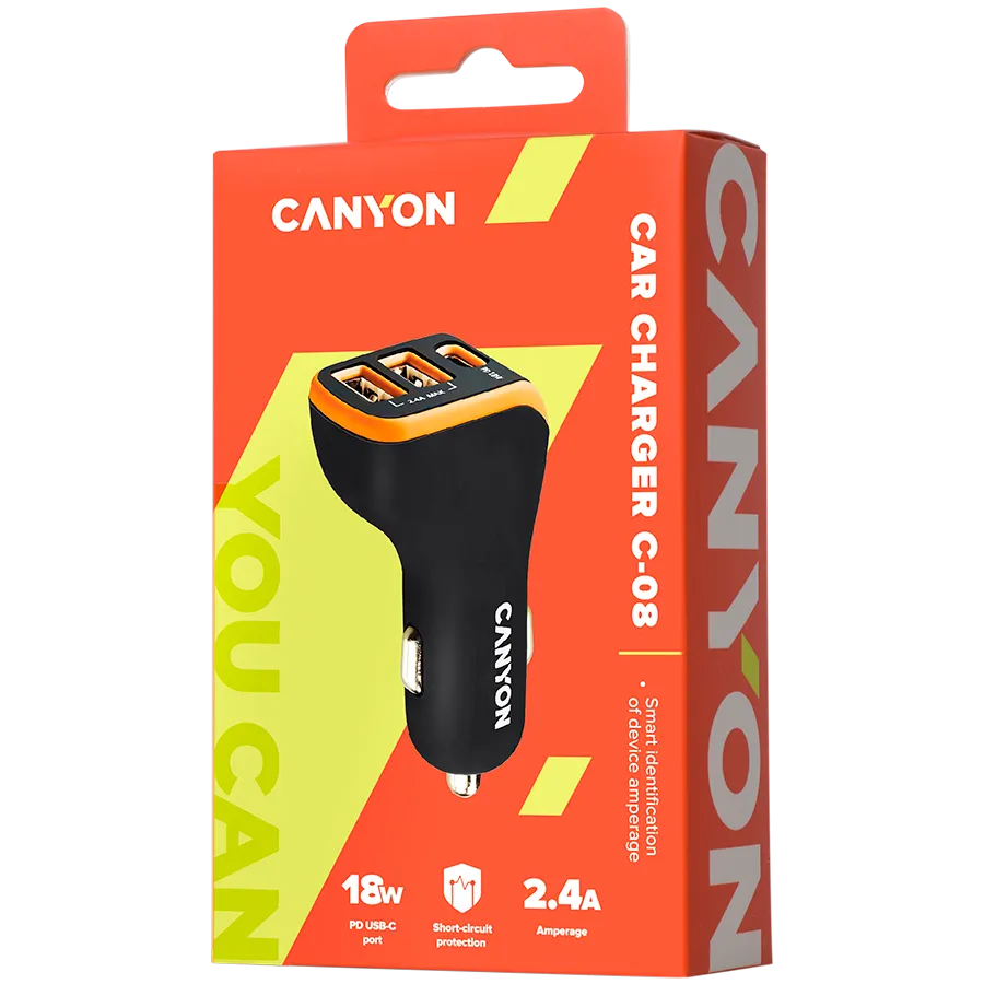 CANYON Ładowarka samochodowa C-08 PD 18W USB-C 2USB-A Czarno - Pomarańczowa thumbnail 3