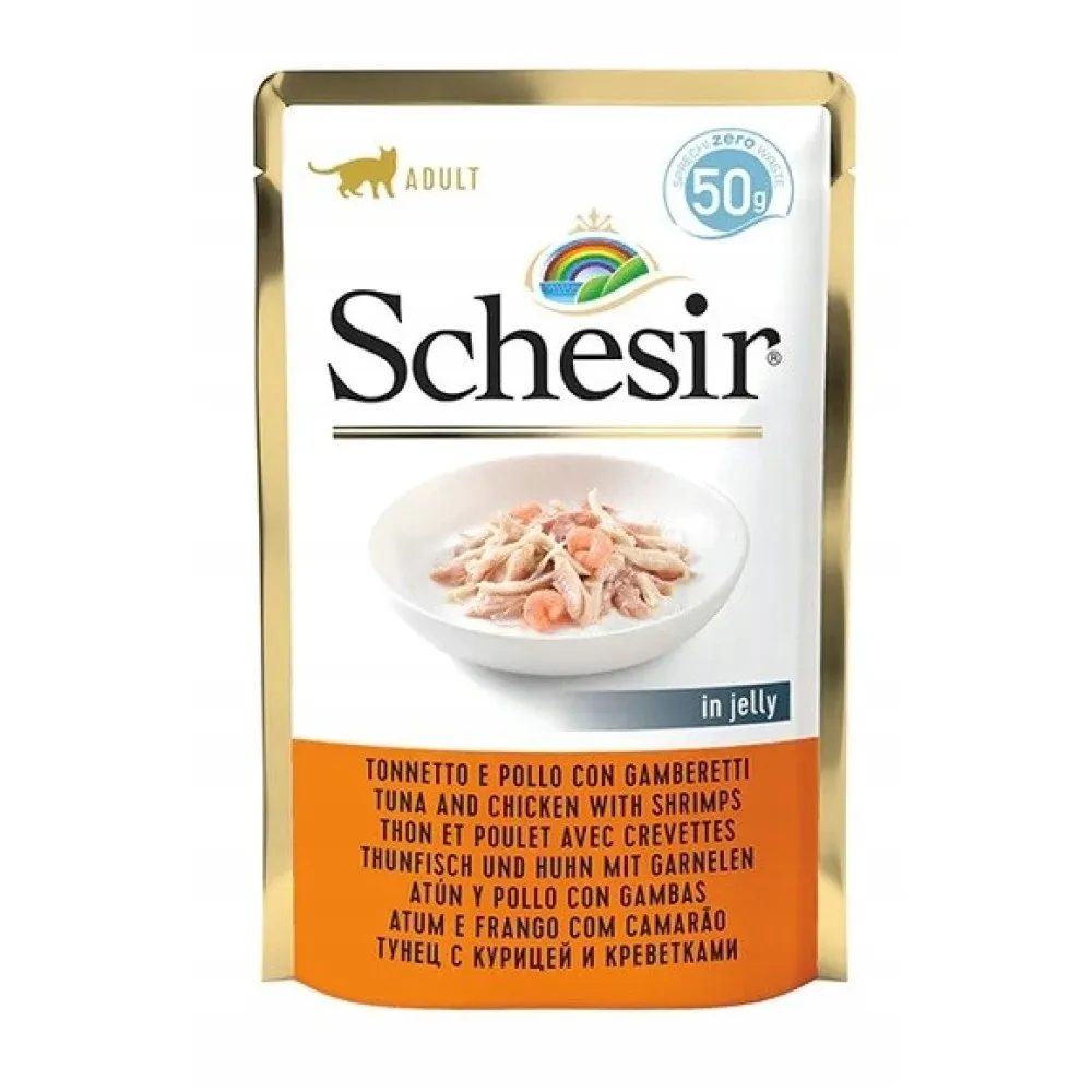 SCHESIR Single Dish Tuńczyk Kurczak Krewetki Mokra karma dla kota 24x50g thumbnail 2