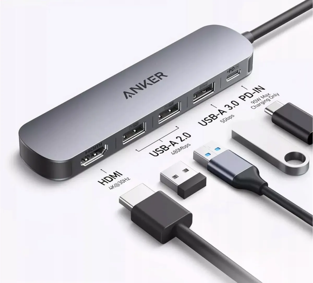 Hub USB-C Anker, 2xUSB-A, 1xUSB-A 3.0, 1xUSB-C, 1xHDMI, Szary, Pasywny thumbnail 3