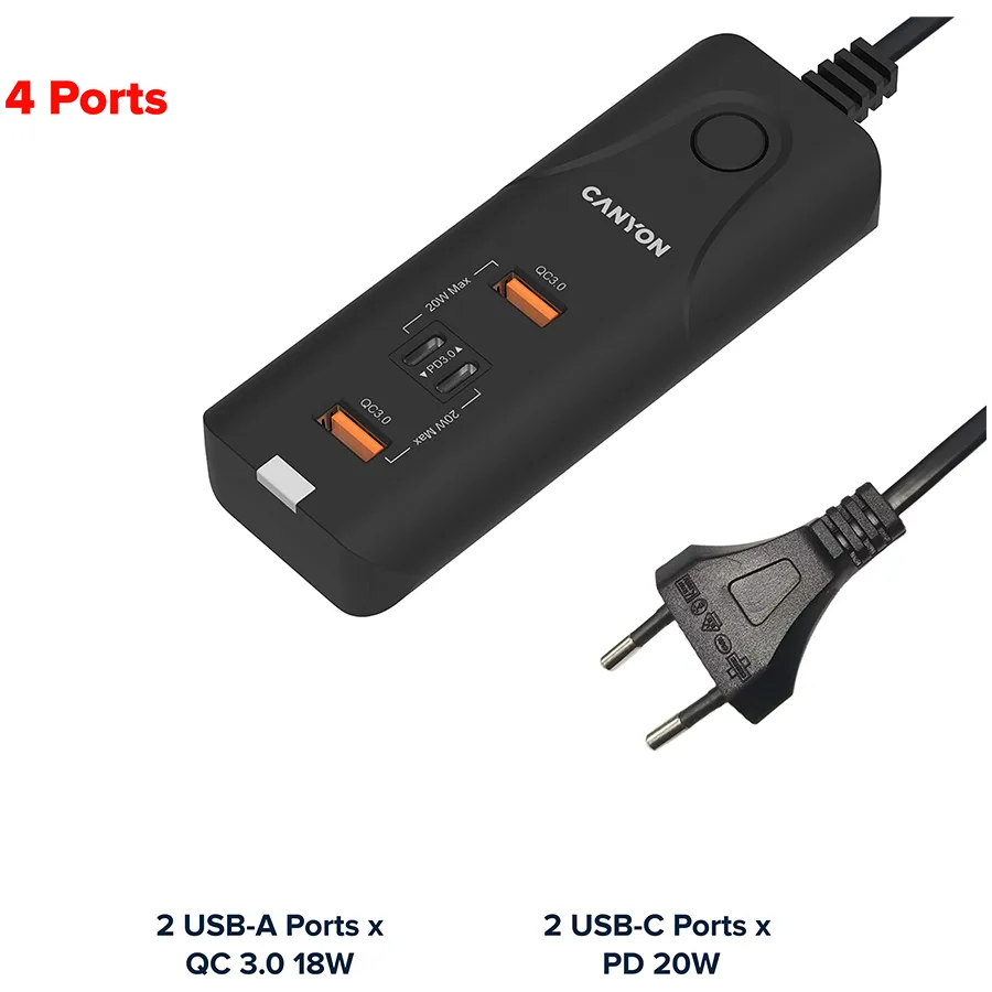 CANYON Ładowarka sieciowa H-10 PD20W QC3.0 2×USB-A 2×USB-C Czarna thumbnail 3