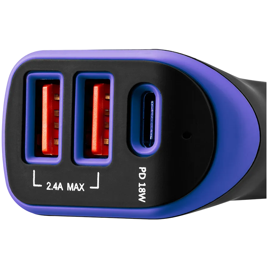 CANYON Ładowarka samochodowa C-08 PD 18W USB-C 2USB-A Czarno - Fioletowa thumbnail 3