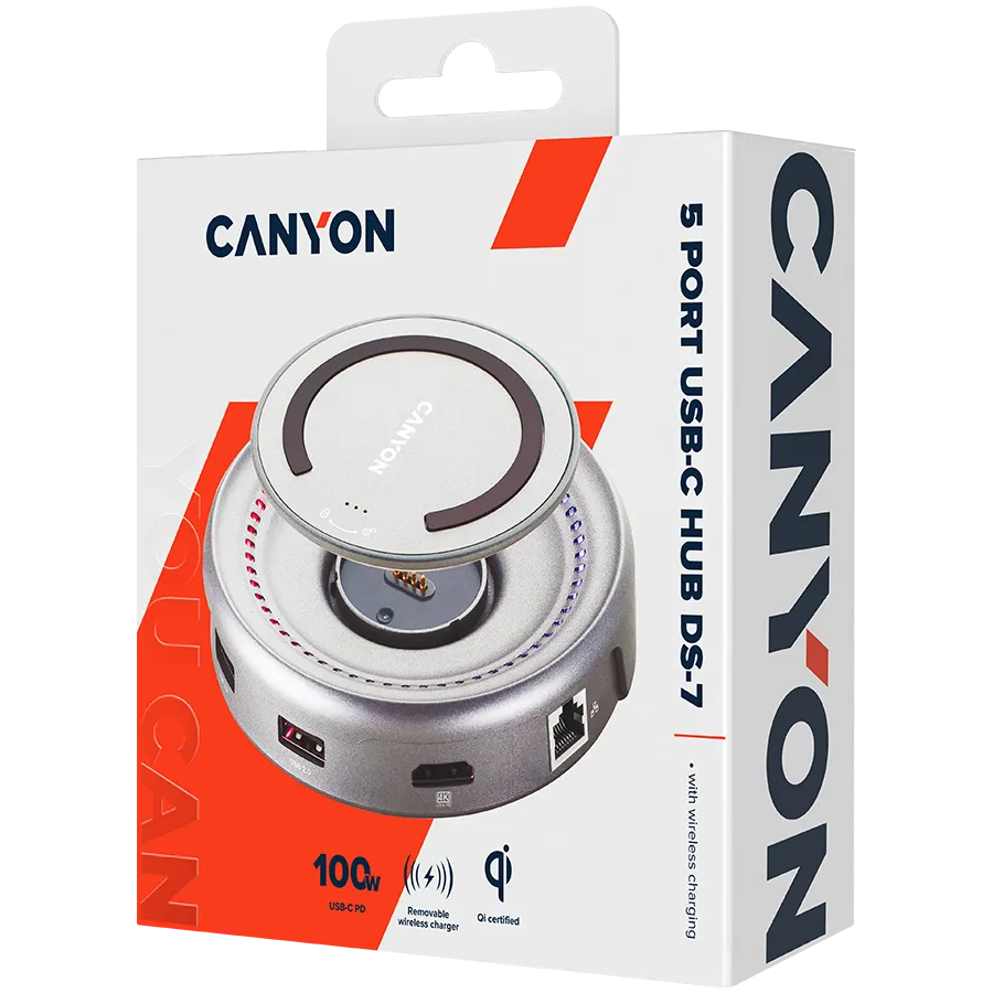 CANYON HUB DS-7 7in1 USB-C Ładowanie Qi Space Grey thumbnail 3