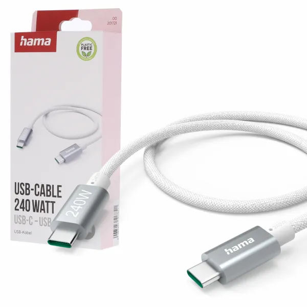 Kabel USB-C Hama 240 W, ładowanie/data 1,5 m, biały