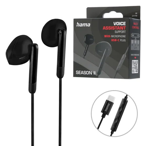 Hama słuchawki przewodowe douszne SEASON II USB-C czarne mikrofon i pilot