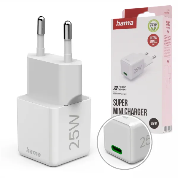 Szybka Ładowarka sieciowa Hama SuperMini 25W PD QC USB-C biała do smartfona