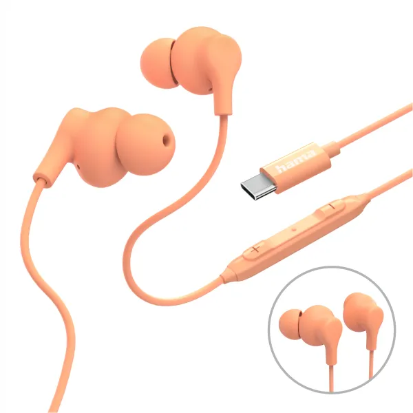 Hama SŁUCHAWKI DOUSZNE PRZEWODOWE CURLY USB-C NEW POMARAŃCZOWE PILOT MIKROFON