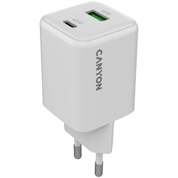 CANYON Ładowarka sieciowa CU45AC GaN 45W 1xPD 1xQC EU Biała