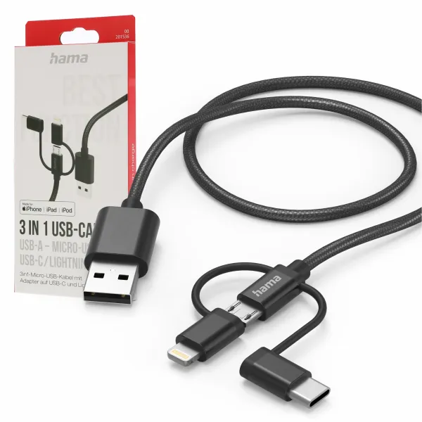 Kabel z adapterem 3w1 Micro USB/USB-C/Lightning 1,5 m Hama certyfikat MFI czarny