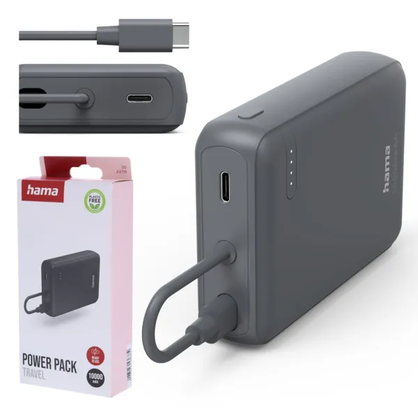 HAMA POWERBANK TRAVEL Z WBUDOWANYM KABLEM 10000 mAh 15W 2x USB C PODRÓŻNY