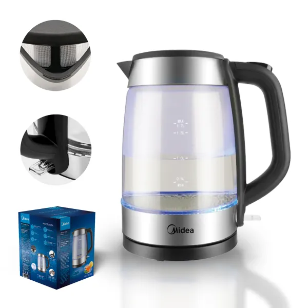 Midea Czajnik elektryczny 1,7L 2200W szklany, filtr, szybkie gotowanie, LED