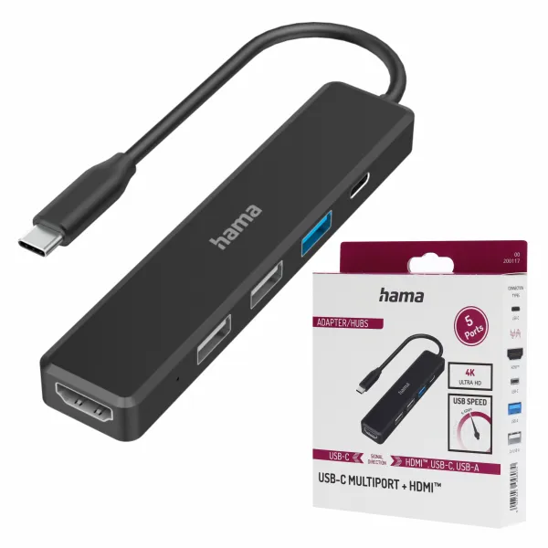 Hama Hub Multiport Rozdzielacz USB C, 5 portów (3x USB A, USB C, HDMI)