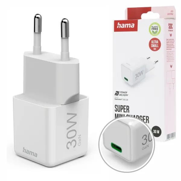Ładowarka sieciowa Hama SuperMini 30 W GAN PD QC USB-C, biała