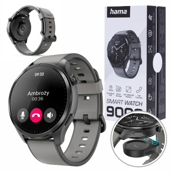 Hama Smartwatch 9000 AMOLED 1.43 czarno-szary GPS tętno rozmowy wodoodporny