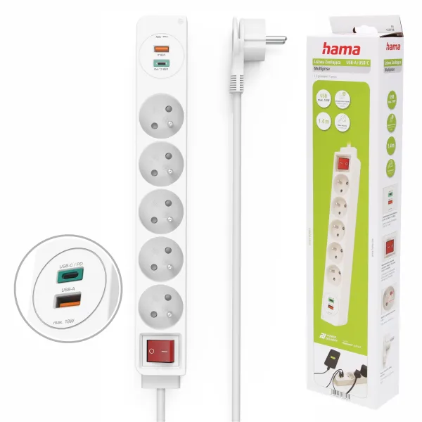 Hama listwa zasilająca 5 gniazd 1x USB C 1x USB A QuickCharge PowerDelivery