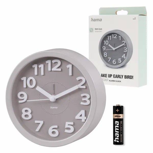 Hama budzik zegar stołowy szary retro alarm cichy mechanizm 1x bateria AA