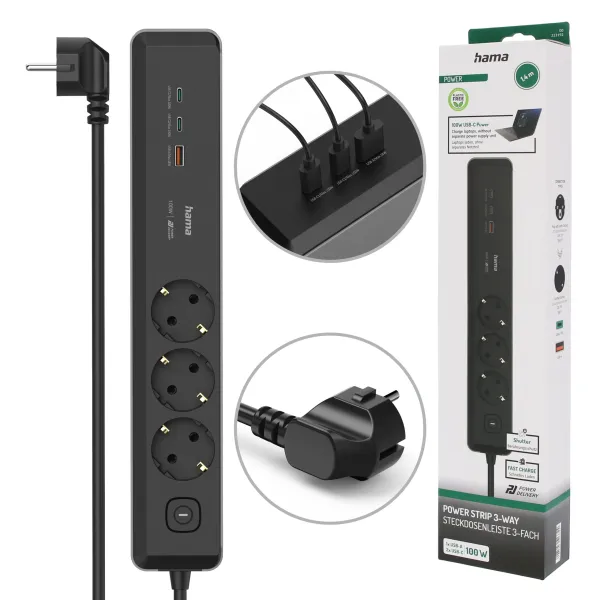 Listwa zasilająca HAMA Schuko 3 gniazda 1,4m 2xUSB C/A 100W czarna