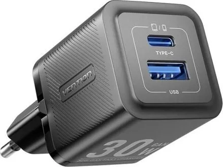 Ładowarka Vention 1x USB-A 1x USB-C GaN 30W BLACK