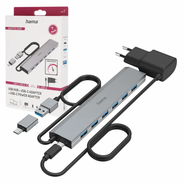 Hama Hub USB 3.2 Gen 1, 5 Gbit/s zasilacz adapter USB-C 7 Portów