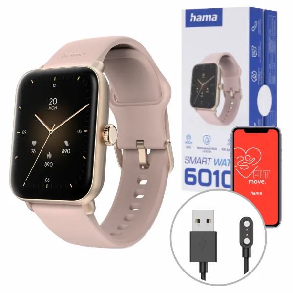 Smartwatch Zegarek Sportowy Hama Fit Watch 6010 Gps Prostokątny Złoty