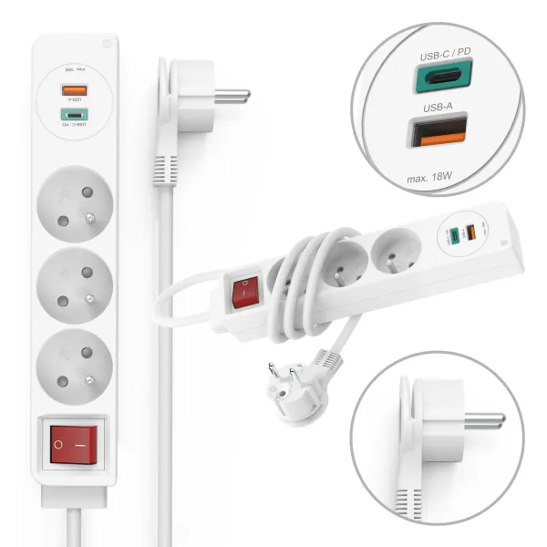 Hama Listwa Zasilająca Przedłużacz 3 gniazda ładowarka USB-C USB wyłącznik