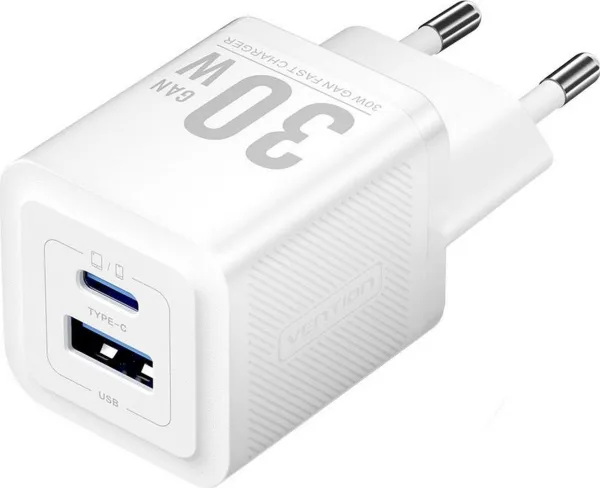 Ładowarka Vention 1x USB-A 1x USB-C GaN 30W WHITE