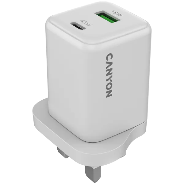 CANYON Ładowarka sieciowa CU45AC GaN 45W 1xPD 1xQC UK Biała