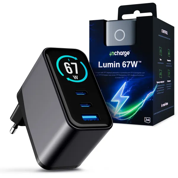 3mk InCharge Lumin PD 67W QC4+ PPS AFC FCP SCP 1A2C TFT Display Black/Grey