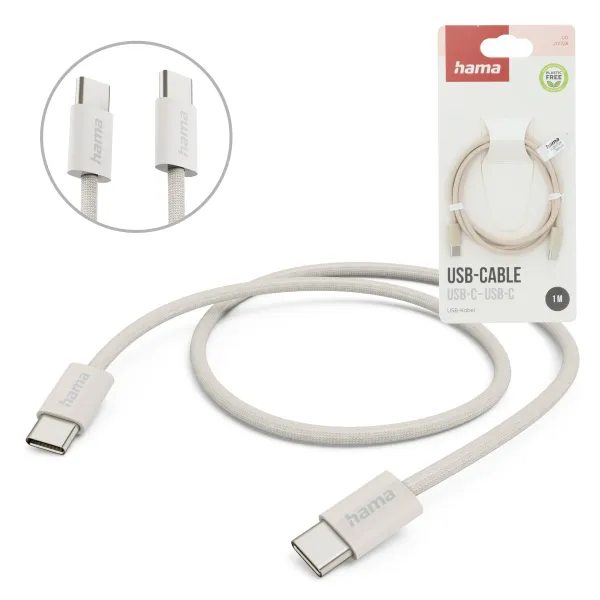 Hama kabel ładujący USB C na USB C Nylonowy oplot 1m Beżowy 480 Mbit/s