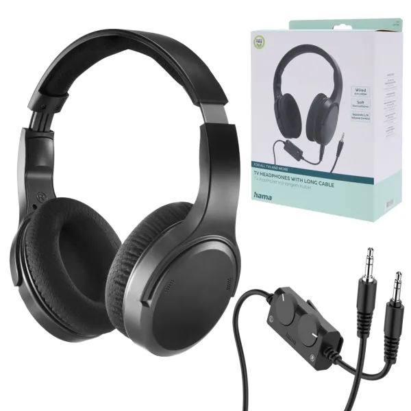 HAMA SŁUCHAWKI WOKÓŁUSZNE TV DŁUGI KABEL 6m minijack 3,5mm + adapter 6,35mm