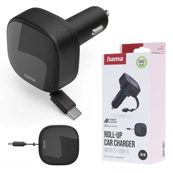 HAMA SZYBKA ŁADOWARKA SAMOCHODOWA 30W ZE ZWIJANYM KABLEM 2 USB C PD QC 3.0