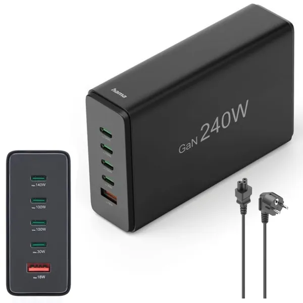 MOCNA ŁADOWARKA SIECIOWA STACJA ŁADUJĄCA 4x USB-C 1x USB-A HAMA 240W Czarna