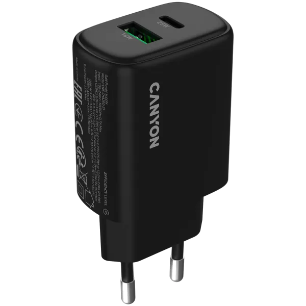CANYON Ładowarka sieciowa OnCharge 250 25W 1xPD 1xQC EU Czarna