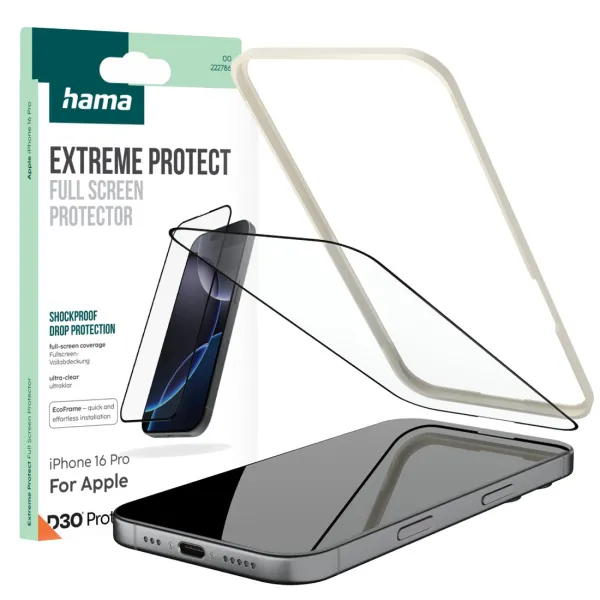 Szkło ochronne Hama Extreme D30 do iPhone 16 pro ramka montażowa w zestawie