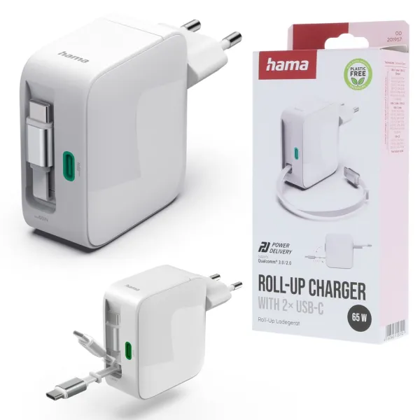HAMA SZYBKA ŁADOWARKA SIECIOWA GAN 65W ZWIJANY KABEL USB C PD QC 3.0 KOSTKA