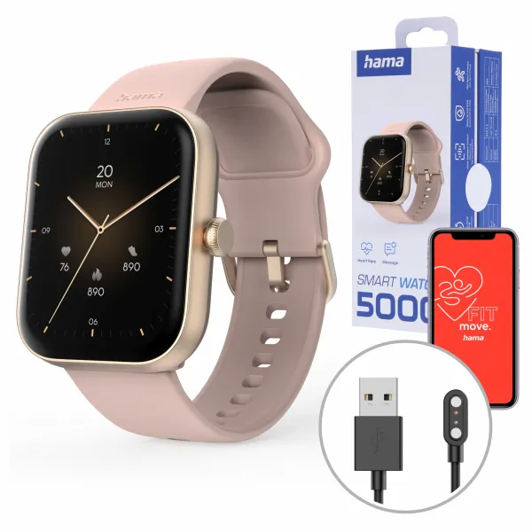 Hama Fit Watch 5000 Smartwatch Zegarek Sportowy Prostokątny Różowe Złoto