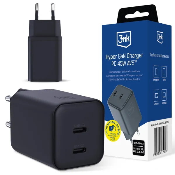 3mk Hyper Charger PD 45W GaN  AVS QC4+ PPS AFC FCP DCP 2C  Black