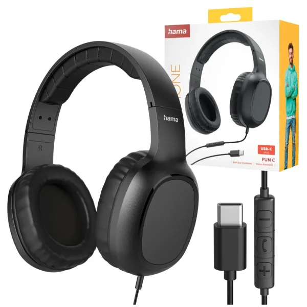 HAMA SŁUCHAWKI NAUSZNE FUN PRZEWODOWE Z MIKROFONEM CZARNE USB C