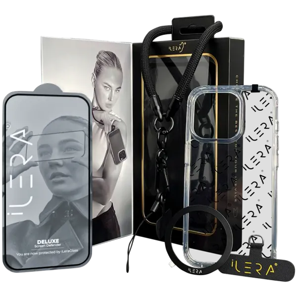 iLera Go Ice Case with Hand strap, 4- in-1  Delux Set Case Szkło ochronne pasek do iPhone 16
