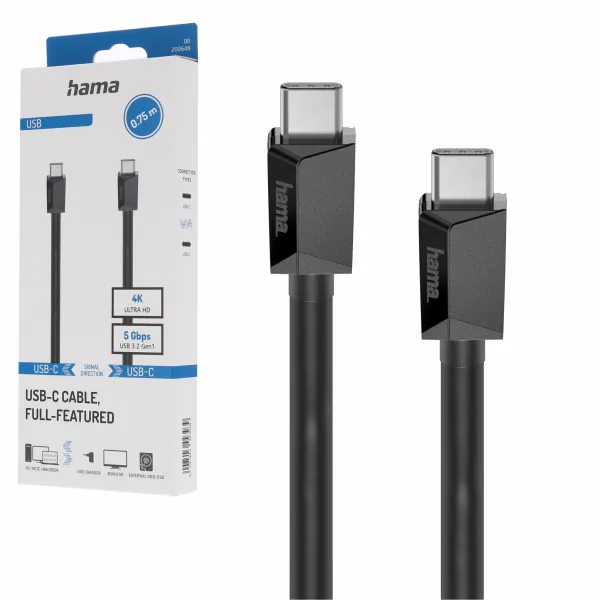 Hama Kabel Usb 3.2 Gen 1 Usb-C 5 Gbit/S 100W 0,75M do zasilania i transferu