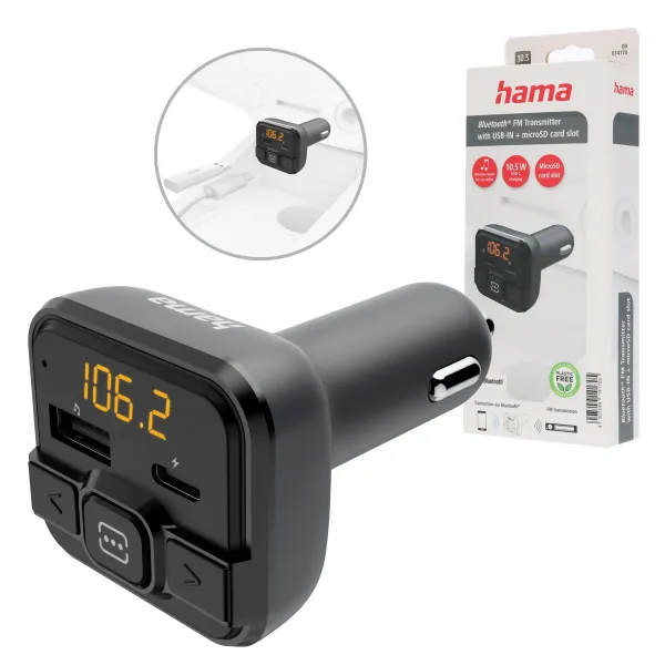 Transmiter samochodowy FM Hama z Bluetooth i ładowarką USB-C karty microSD