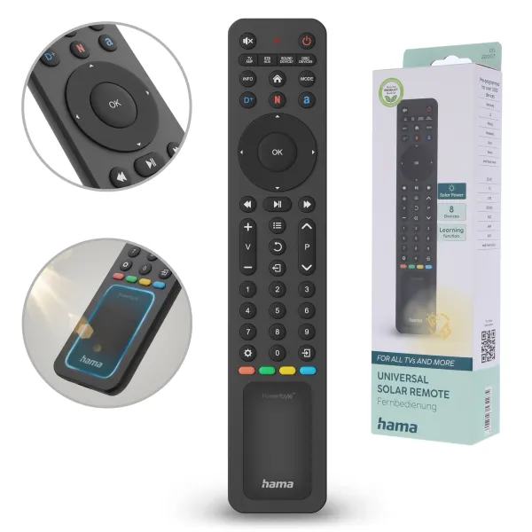 Pilot do telewizora uniwersalny Hama 8w1 ładowany solarnie Netflix, Disney+